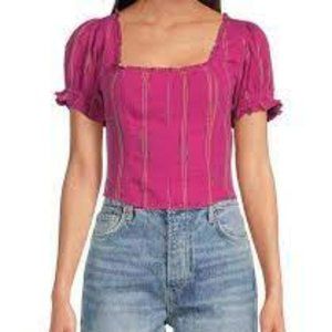 NWT Free People Seratonin Smocked Blouse Striped Raspberry Sherbert Size Medium